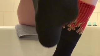 Tall Blonde Babe Massages Feet and Tries On Socks