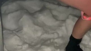 Wife exits hot tub in bikini, removed her bottoms to go pee in the snow in our backyard. Steamy piss