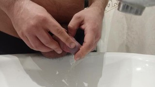 Morning long pee in the sink. Uncutted cock