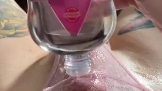 Straight guy in pink lace thong plays with oily cock