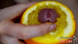 Close Up Yummy Foodjob and Ruined Orgasm From Mistress Hot Lips. Dessert With Cum and Orange Juice 
