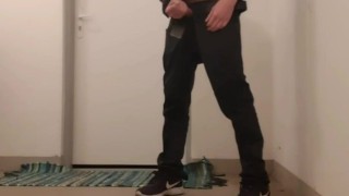 Risky wanking in front of neighbor's door