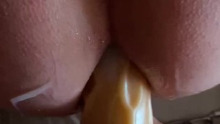 Mistress filming pegging sub up close