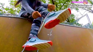 Katis Nike shoeplay, dipping, dangling with sweaty nylons Nikes, insoles, stinky feet
