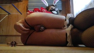 Cosplay Bunny Trap in Chasity plays with Glass Dildo