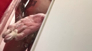 Lady landlord in my bathroom watches me masterbate cum hard for deduction on my rent