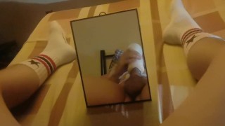 Handjob teasing in front of mirror with white socks 应粉丝要求穿白袜子自慰