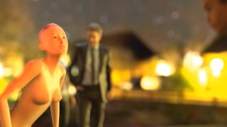 Sexy 3d exhibitionist girl dances and masturbates on the street full of strangers