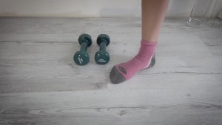Sexy workout in my pink socks, pumped up my ass and pussy, close-up