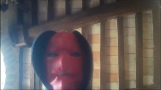 Laura On Heels model 2021 wearing a sexy red mask takes a cock in her mouth