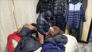Handjob and cumshot with my down jacket