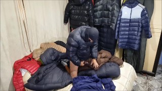 Handjob and cumshot with my down jacket