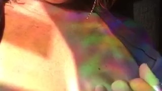 Slow breathing, heartbeat, good morning playing with nipples and natural breasts. Sunlight, rainbows