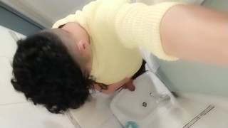 Peeing to the sink with uncut cock