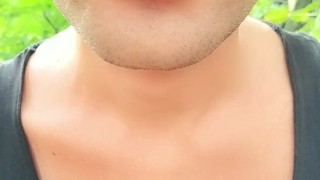 Showing cum in mouth after blowjob outdoor and cum swallowing