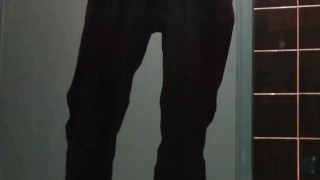 Locked and plugged boy exposing himself in a public bathroom