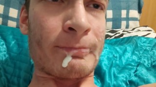 Stroking my big cock and then giving myself self facial