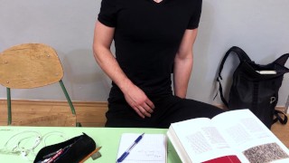 Highschool teen jerking off in the classroom while outside are students