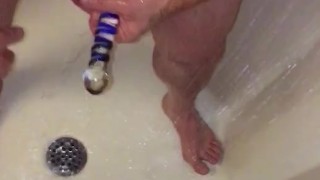 Stroking in warm shower b4 work. Cum in hand then slurp up enjoying my Cum-Mouthwash b4 spitting out