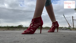 red heels, walk on cement floor foot fetish- glimpseofme