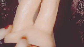 Milf drools over double headed dildo 