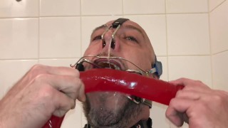 Deepthroating a long dildo with braces headgear spidergag and more