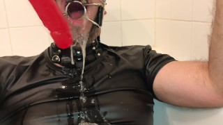 Deepthroating a long dildo with braces headgear spidergag and more
