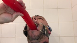 Deepthroating a long dildo with braces headgear spidergag and more