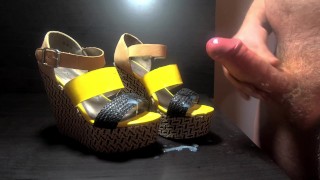 Big cock cums on some JustFab sandal wedges