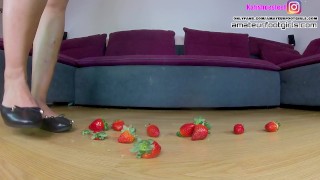Kati Crush,with high heels and ballerina shoes and barefoot Easter eggs and strawberries are trample