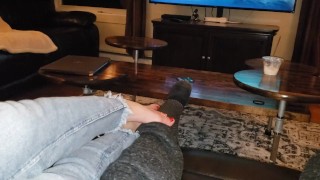 Sexy feet and jeans with toe rings and red polish 