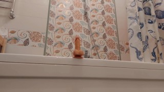 playing with dildo in bathroom, horny pussy, butt plug, milf with big ass