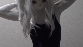 スクール水着の女装白猫が電マで着たまま射精❤