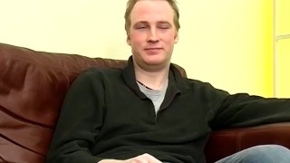 Adorable British  Ricky cums after an inteview
