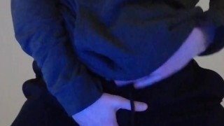 Boy strips naked, sniffs his underwear, edges his dick and cums in a bowl