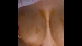 Chubby Bbw rubbing BBQ all over her big pale boobies 