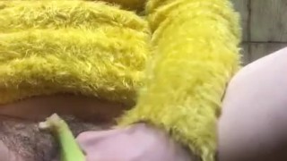 Hairy big clito Hotwife fuck herself using a banana 