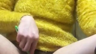 Hairy girl gives a pleasure to her big clito using a toothbrush 