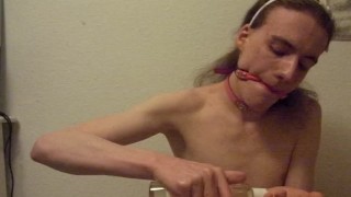 Gagged anal insertion and masturbation + cum eating