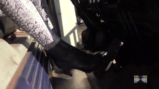 She climbs a forklift and Pedal Pumps in Sexy Tights with Boots
