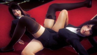 lesbian scissor in office loby with uniform