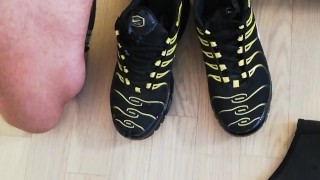 ruined cum after 30 days in chastity on my sneakers and relock again