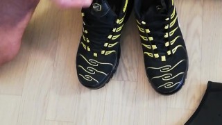 ruined cum after 30 days in chastity on my sneakers and relock again