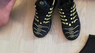 ruined cum after 30 days in chastity on my sneakers and relock again