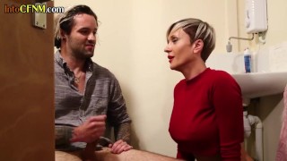 Tattooed CFNM babe enjoys dick wanking session