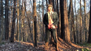 19 year old Jesse Gold jerks off in the woods in cowboy boots, denim, and flannel