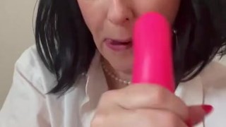 sloppy pink dildo blowjob - pulp fiction style black wig