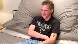 Skinny amateur Kyle jerks off his big cock after interview