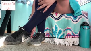 after workout, removing shoes, and knee high socks - glimpseofme