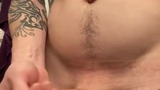 Jerking off, dirty talk, moaning, face reveal, of muscular tattoo male